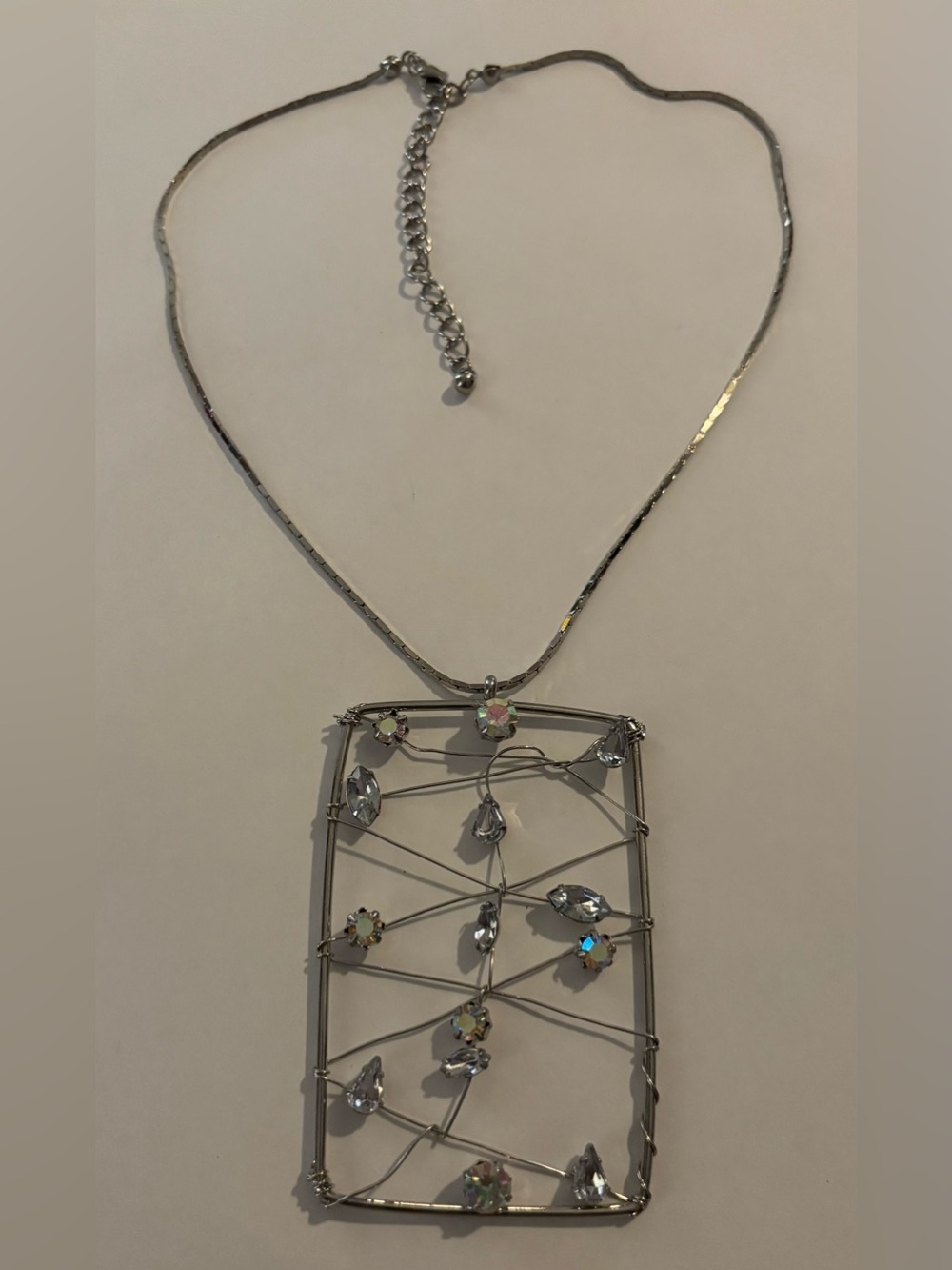Silver-tone Crystal Rectangle Pendant Necklace - Iridescent Accents